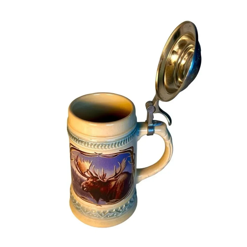 Vtg GERZ Germany Pewter Lidded Stein Features Moose Artwork By James A. Meager
